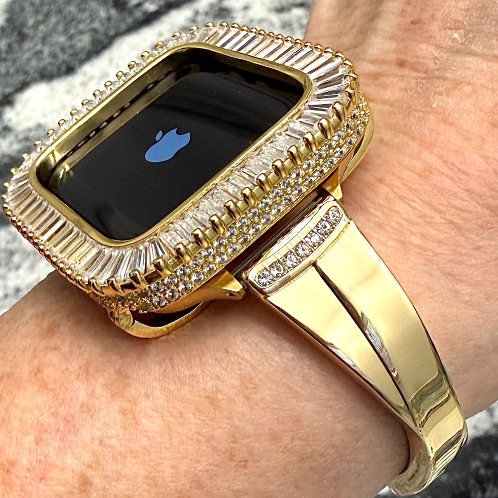 2 pc Apple Watch set yellow gold lab diamond case and crystal band classy bling